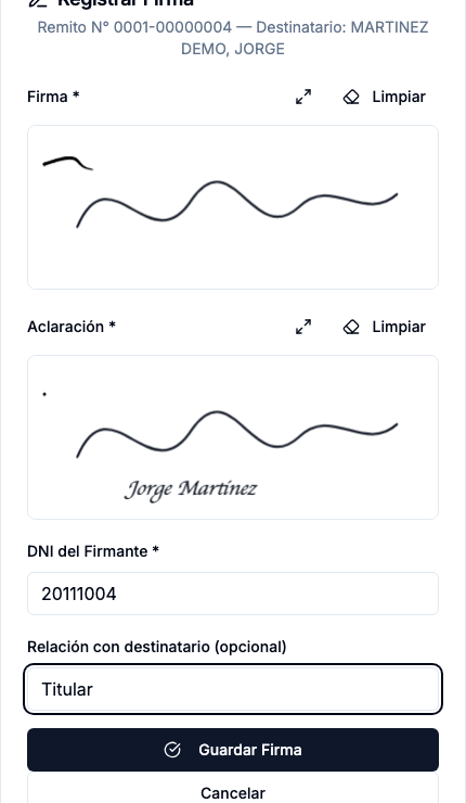 Pantalla de firma en el celular: paneles de firma y aclaración, DNI del firmante