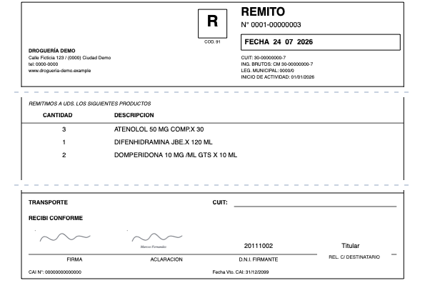 Remito firmado: comprobante con firma, aclaración y DNI en el pie